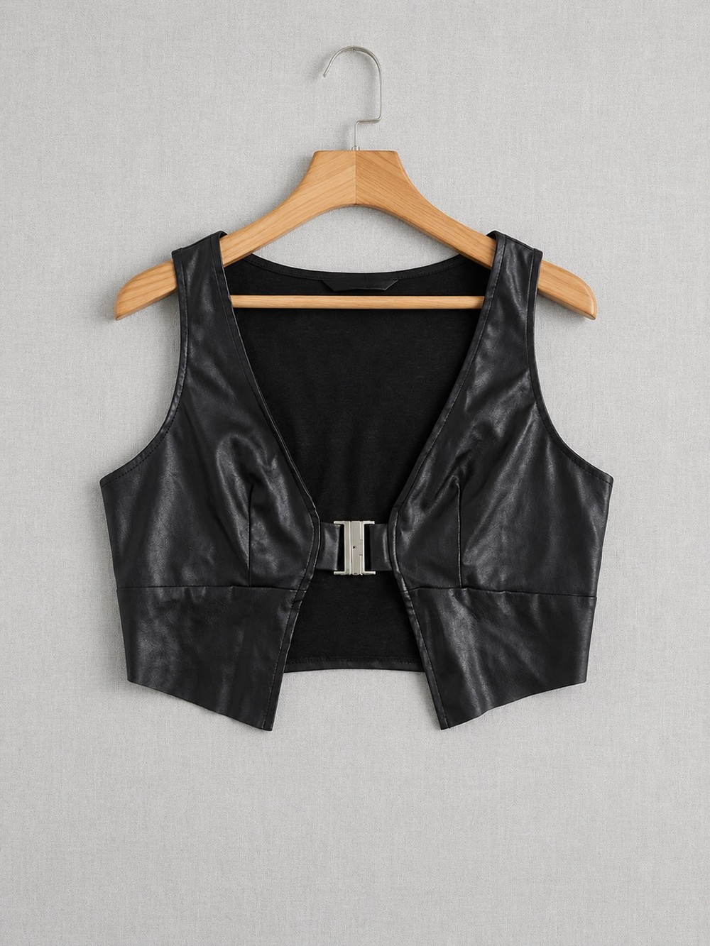Black Faux Leather Cropped Vest with Front Buckle